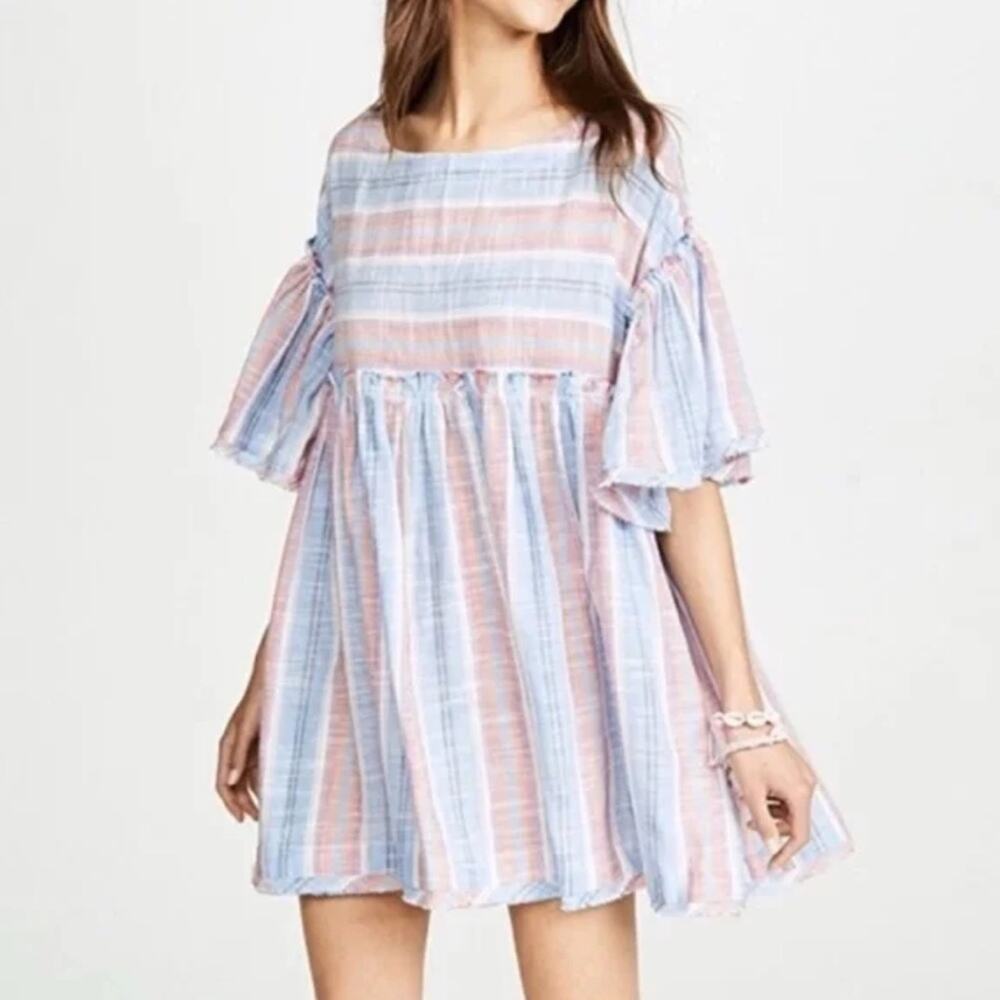 Free People Summer Nights Blue Lagoon Oversized Striped Babydoll Dress Sz XS